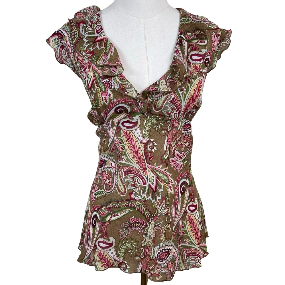 Vintage Cato Babydoll Blouse Women XL Brown Pink Paisley Flutter Sleeve Boho Y2K